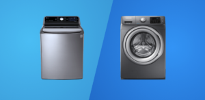front loading and a top loading washer pn a blue background
